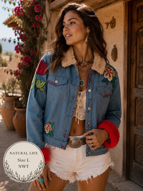 NATURAL LIFE Jackets & Blazers - Natural Life NWT Embroidered Faux Fur Boho Denim Jacket Size L